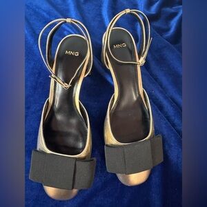 Mango Women's Metallic Gold Heels with Black Bow